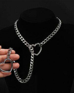 Coleira Corrente Coração Argola Gravatinha Prateada Colar