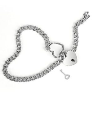Coleira Colar de Prata com Cadeado com Chave em Formato de Coração