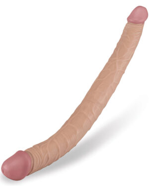 Pênis duplo realístico macio e flexível, com duas glandes nas extremidades e veias massageadoras em toda sua extensão - LOVETOY